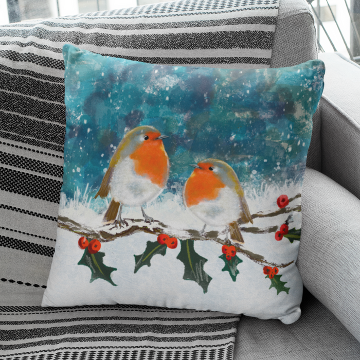 Winter Robins on a Branch Cushion