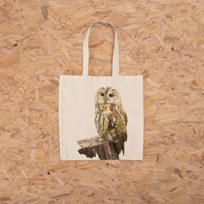 Tawny Owl on Log Tote Bag